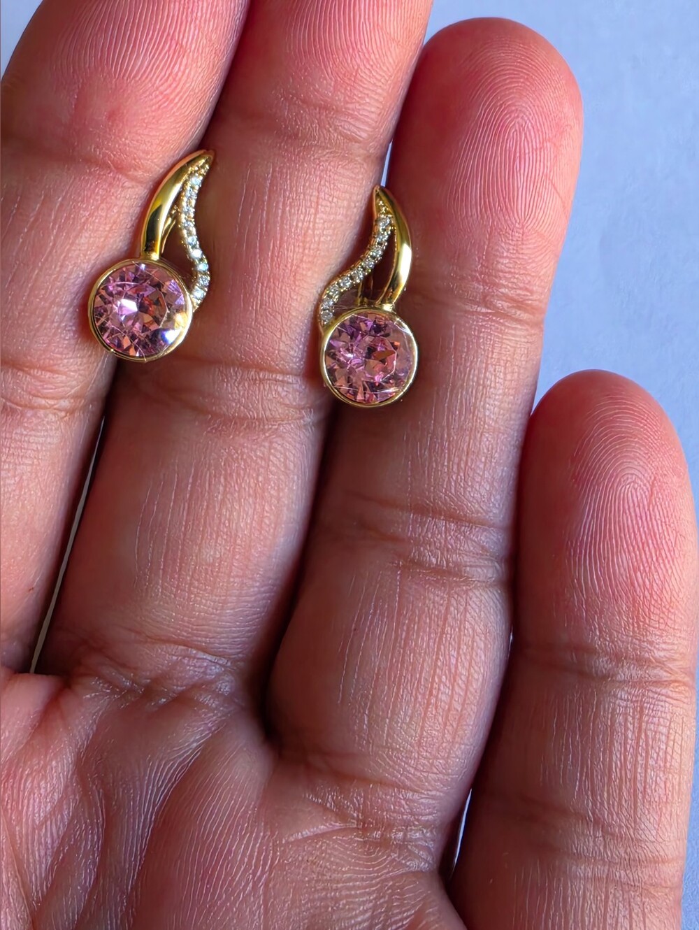 Gold Plated Pink Crystal Wave Hoop Earrings CZ Accents Elegant Sparkle